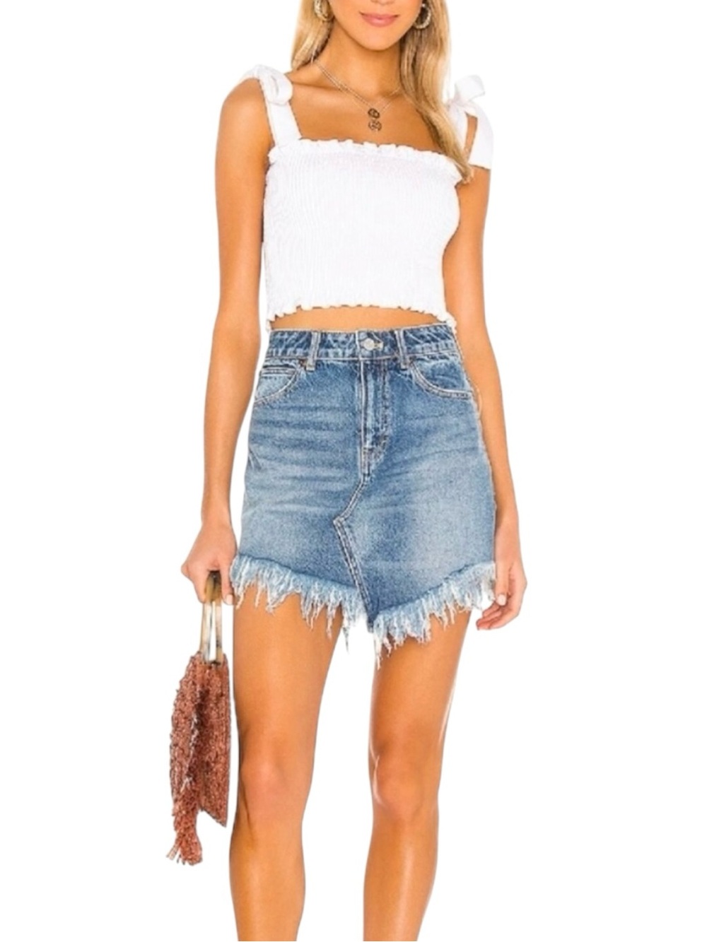 Free People Denim Skirt Frayed Raw Hem Boho Western We The Free Size US 27